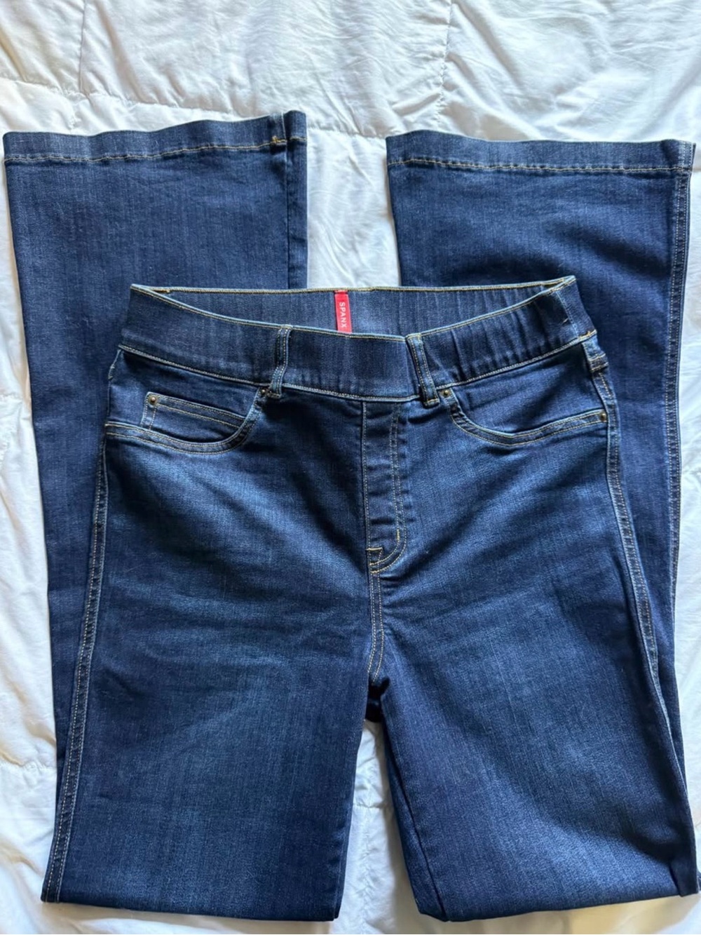 SPANX Sexy Women’s Dark Blue Boot Cut Flare Jeans Petite Medium Stretch